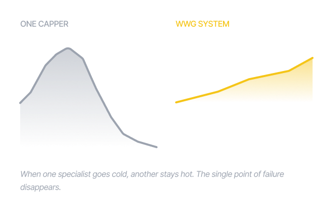 One capper vs. WWG system: a single capper's profit curve bell-crashes while the WWG aggregate system climbs steadily.