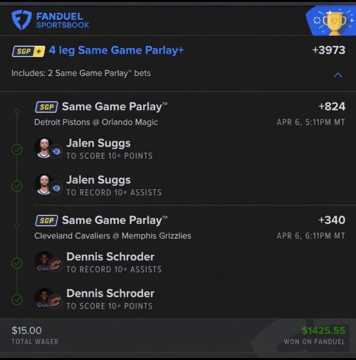 Graded pick — 4-leg same-game parlay won on FanDuel