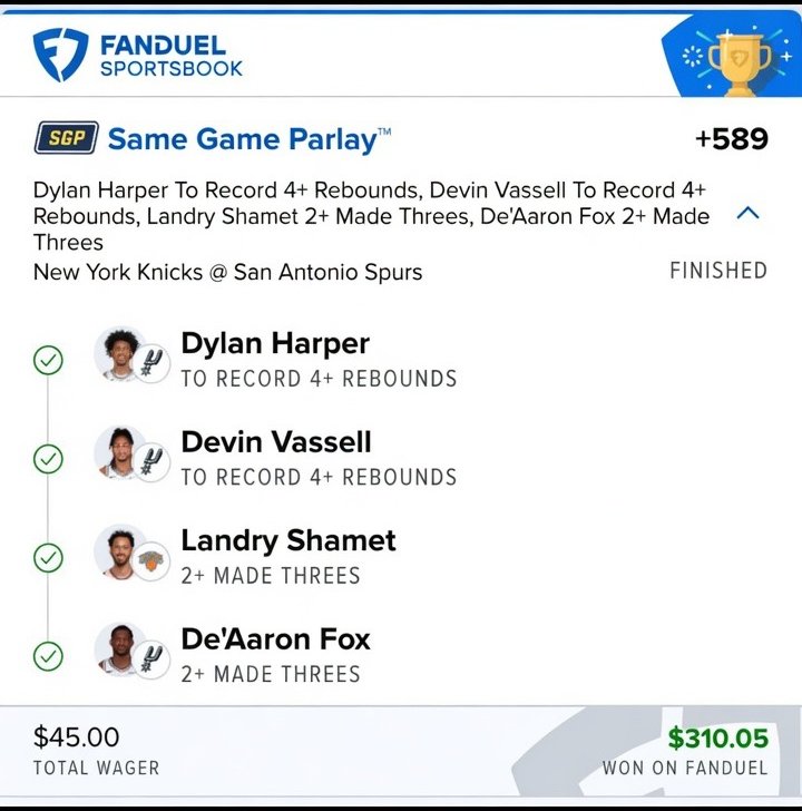 Graded pick — same-game parlay won on FanDuel