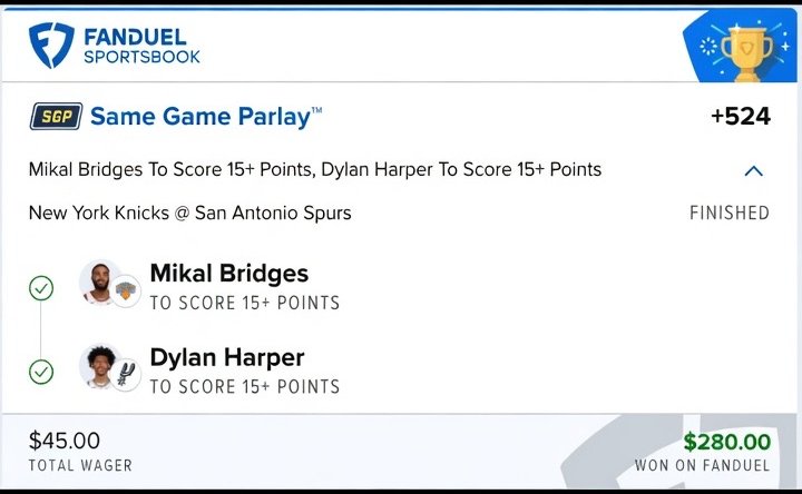 Graded pick — same-game parlay won on FanDuel